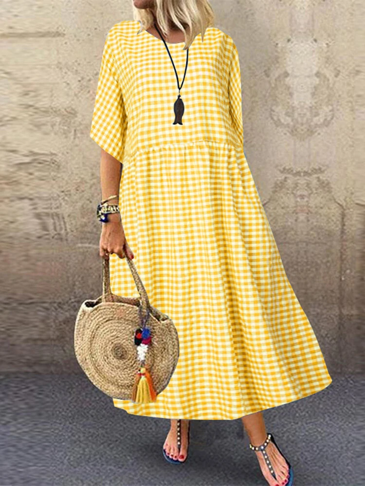 ZANZEA Plus Size Women Long Dress Casual Loose Plaid Print O-Neck Half Sleeve Beach Maxi Dress (image for) ZANZEA Plus Size Women Long Dress Casual Loose Plaid Print O-Neck Half Sleeve Beach Maxi Dress